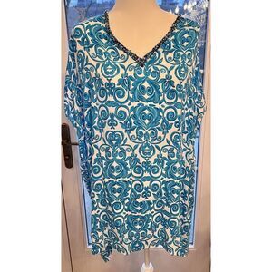 NVELOP SUN Ocean Breeze Coverup SZ SM Beaded V‎ Neck Swim Caftan Blue UV Protect